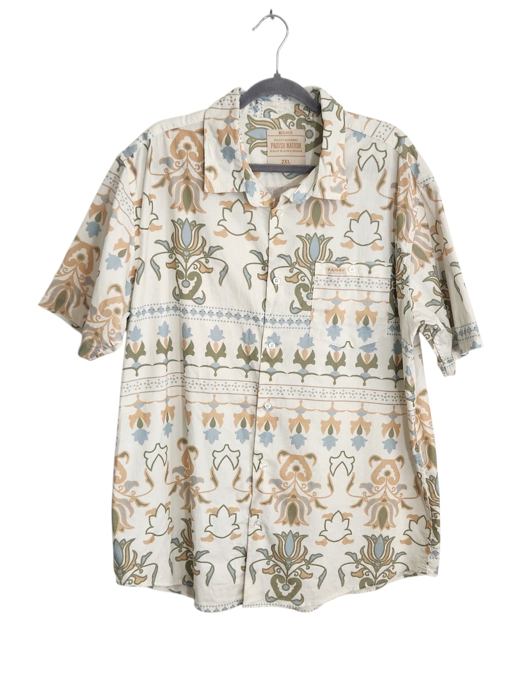 Parish Nation Blue and Cream Floral Print Button Up Shirt Size 2XL